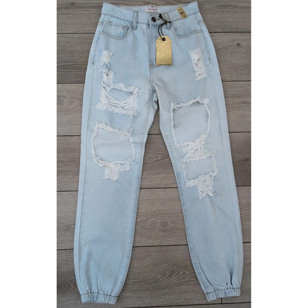 Vibrant MIU Jeans Size Small Ripped Distressed Cinched Cuff Light Wash NWT